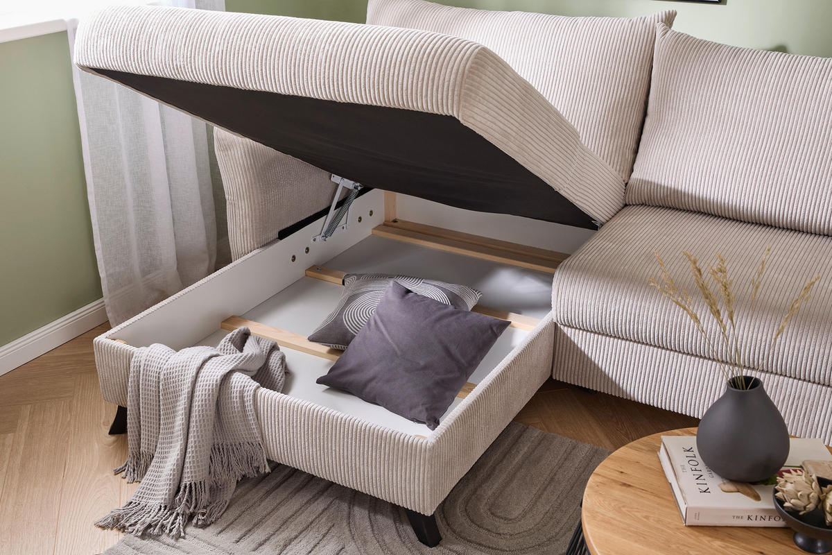 ECKSOFA Beige Cord  - Beige/Schwarz, ROMANTIK / LANDHAUS, Holz/Textil (245/159cm) - Stylife