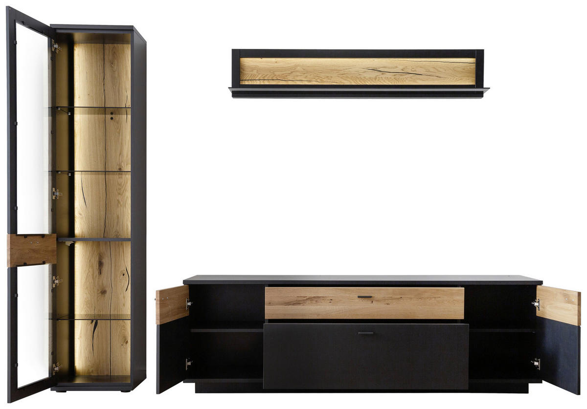 Set Mobilă Living, gri, stejar sălbatic, 250/201/50 cm - stejar sălbatic/negru, Design, sticlă/metal (250/201/50cm) - Novel