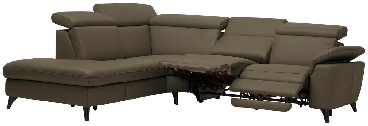 ECKSOFA in Echtleder Olivgrün  - Schwarz/Olivgrün, Design, Leder/Metall (239/285cm) - Cantus