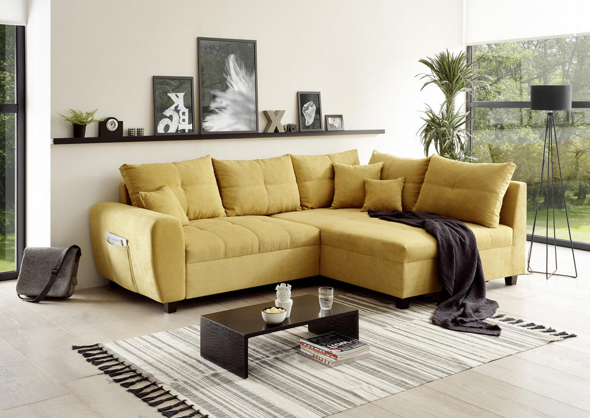 ECKSOFA inkl. Hocker Gelb Mikrovelours  - Gelb/Schwarz, Basics, Kunststoff/Textil (248/176cm) - MID.YOU