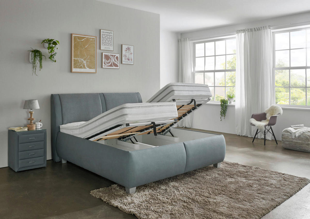 POLSTERBETT 180/200 cm,  in Blaugrau, Matratze, Lattenrost, Bettkasten, unterschiedliche Matratzenhärtegrade je Bettseite, H2 + H2 = mittel  - Silberfarben/Blaugrau, Design, Holzwerkstoff/Kunststoff (180/200cm) - Beldomo - Sleep