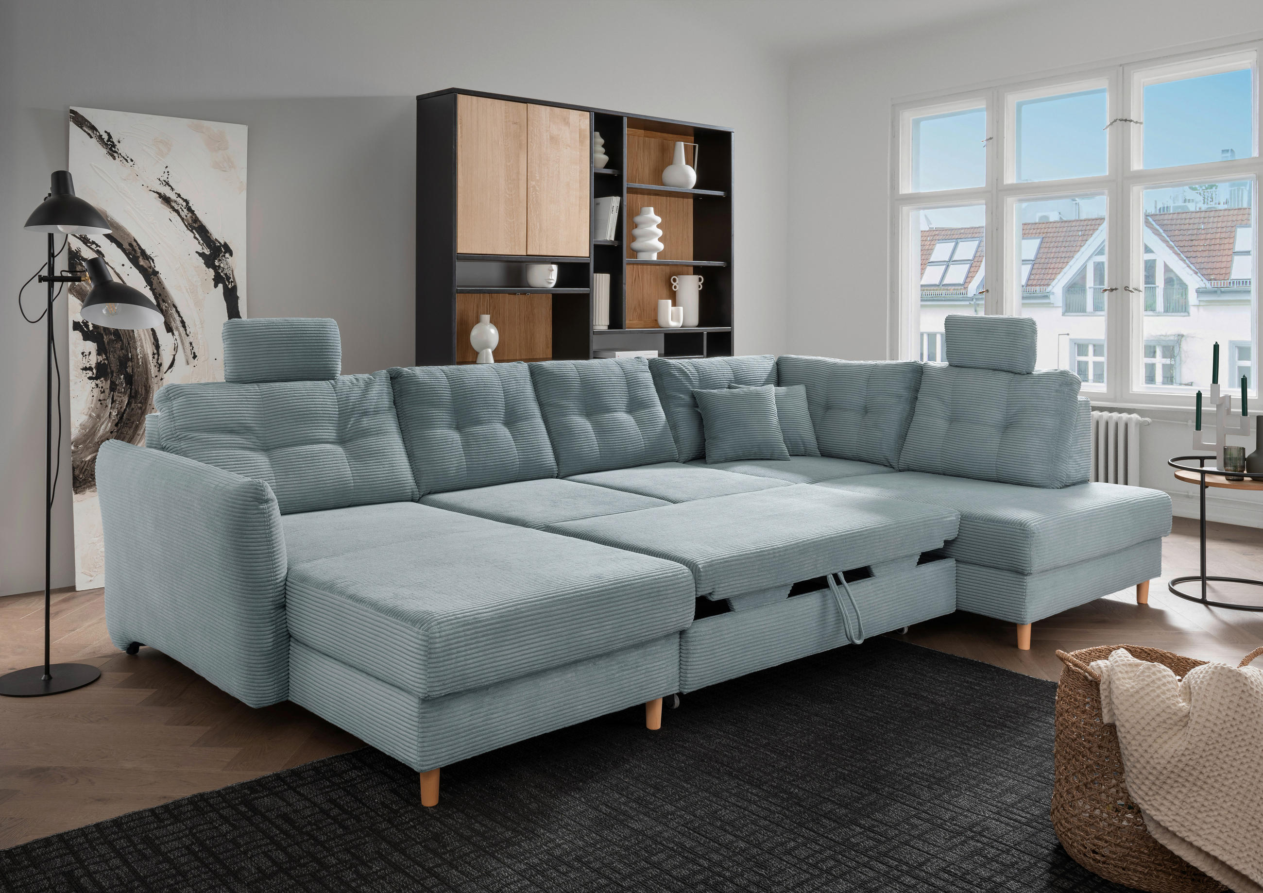 WOHNLANDSCHAFT in Cord Hellblau  - Naturfarben/Hellblau, Modern, Holz/Textil (176/338-352/206cm) - Livetastic