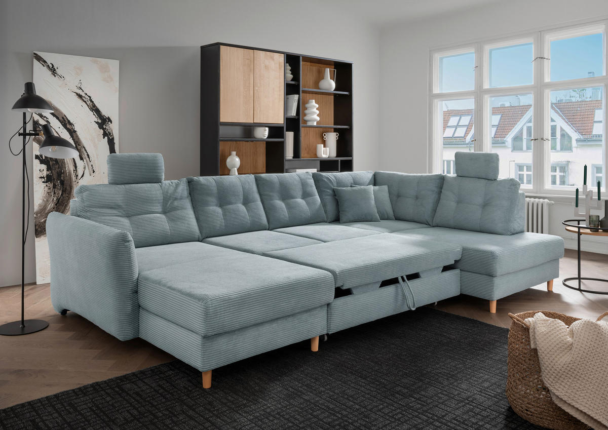 WOHNLANDSCHAFT in Cord Hellblau  - Naturfarben/Hellblau, Modern, Holz/Textil (176/338-352/206cm) - Livetastic