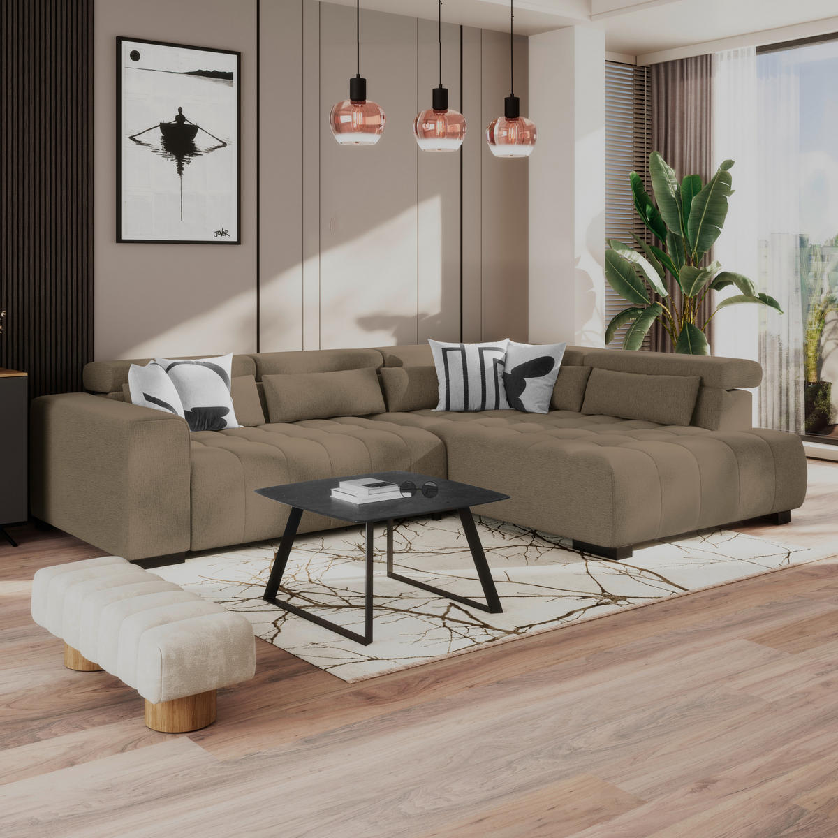 ECKSOFA MATERA Braun Chenille, Struktur Nierenkissen, Kopfteilverstellung, Sitzvorzug  - Schwarz/Braun, Trend, Holz/Textil (311/226cm) - MID.YOU