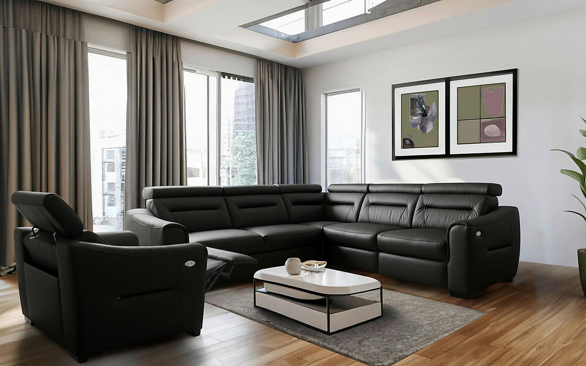 ECKSOFA Lederlook Echtleder Schwarz  - Wengefarben/Schwarz, Design, Leder/Holz (260/260cm) - Celina Home