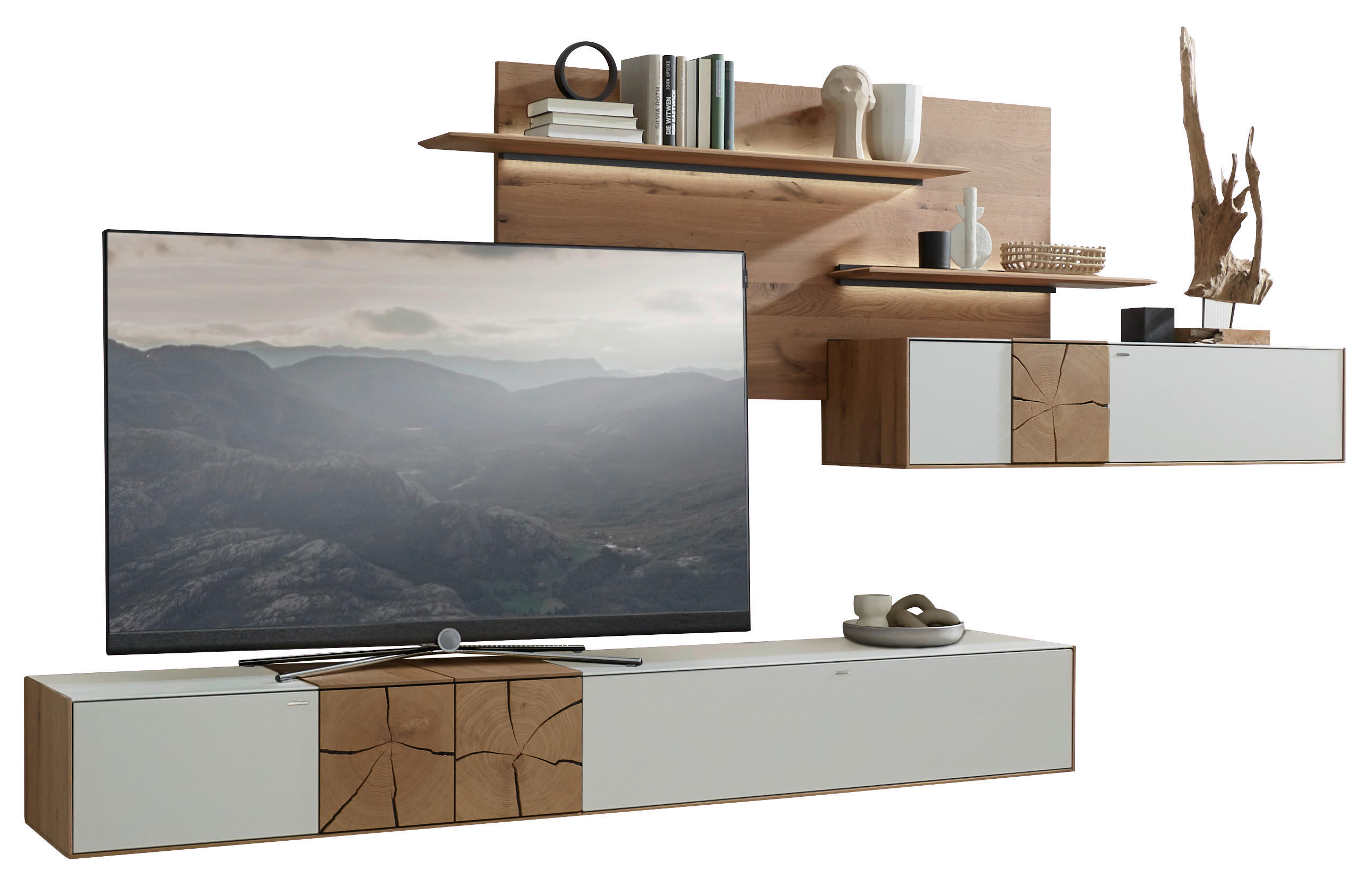 WOHNWAND  in Weiss, Eichefarben 343/196/44 cm  - Weiss/Eichefarben, Design, Glas/Holz (343/196/44cm) - Valnatura