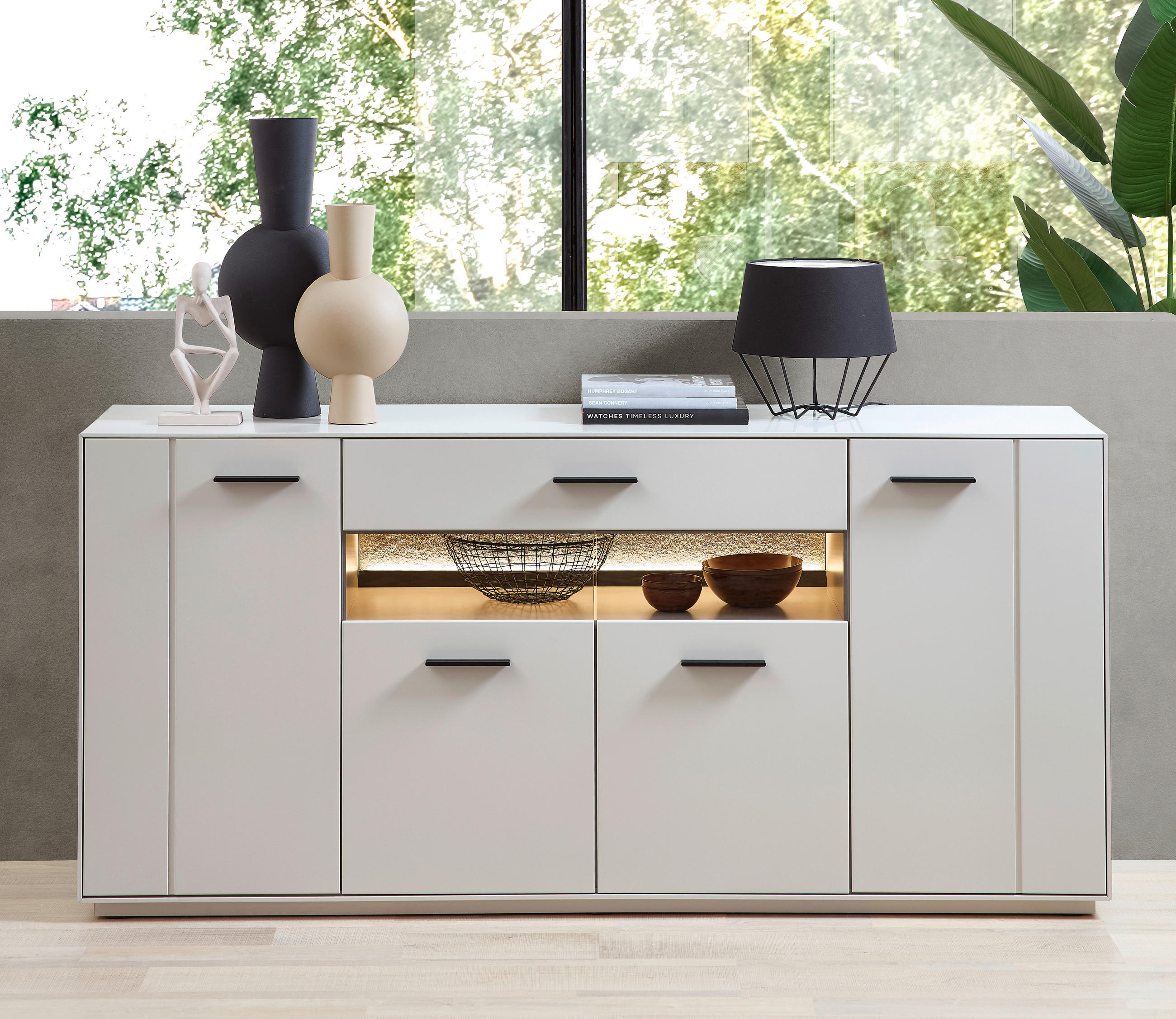 SIDEBOARD  in 180/85/45 cm  - Hellgrau/Schwarz, MODERN, Glas/Holzwerkstoff (180/85/45cm) - Novel