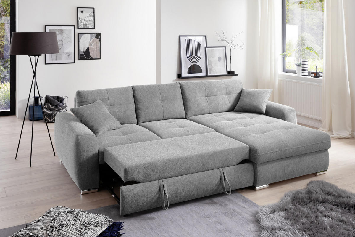 ECKSOFA in Mikrofaser Hellgrau  - Chromfarben/Hellgrau, Modern, Kunststoff/Textil (276/193cm) - Hom`in