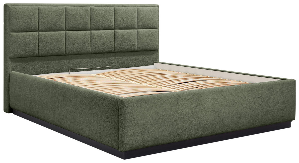 POLSTERBETT 140/200 cm,  in Grün, gepolstertes Kopfteil, Beleuchtung, Lattenrost, Bettkasten,  - Birkefarben/Schwarz, Design, Holz/Holzwerkstoff (140/200cm) - Chameo