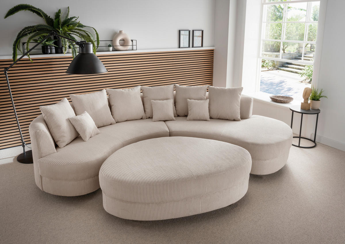 Wohnlandschaft inkl. Hocker in Cord Beige  - Beige/Schwarz, Design, Kunststoff/Textil (300/160cm) - Livetastic