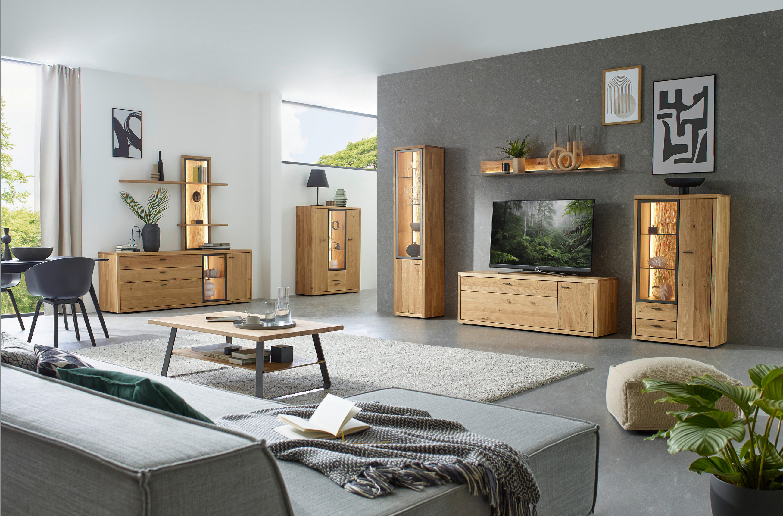 WOHNWAND  in Dunkelgrau, Wildeiche  324/202/45 cm  - Wildeiche/Dunkelgrau, Design, Glas/Holz (324/202/45cm) - Valnatura