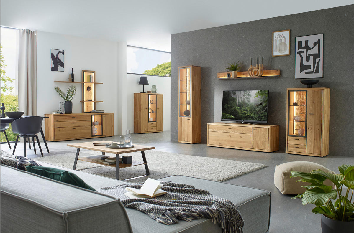 WOHNWAND  in Dunkelgrau, Wildeiche  324/202/45 cm  - Wildeiche/Dunkelgrau, Design, Glas/Holz (324/202/45cm) - Valnatura