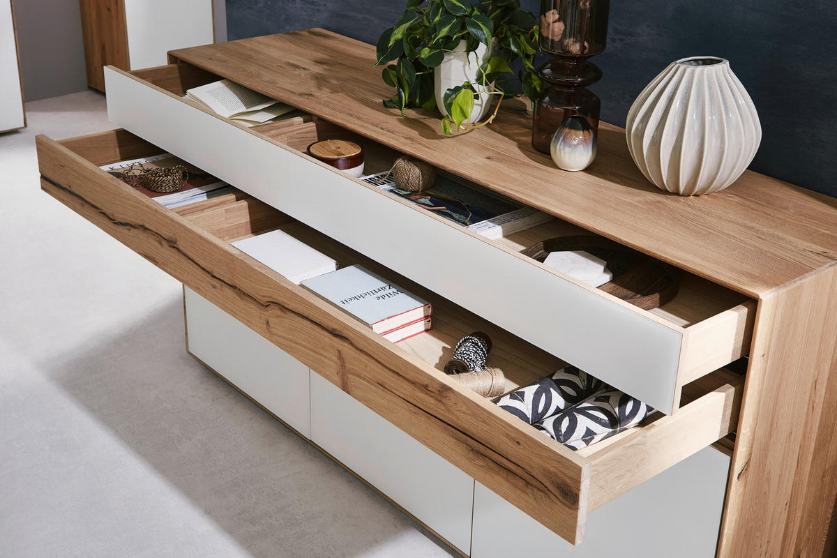 SIDEBOARD Solida Weiss, Eichefarben  182/90/48 cm  - Weiss/Eichefarben, Design, Glas/Holz (182/90/48cm) - Valnatura