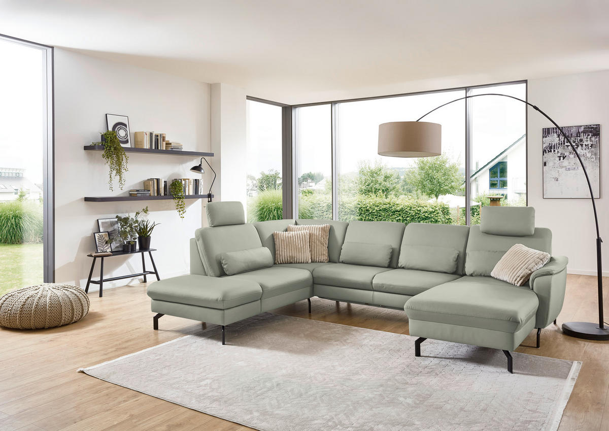 WOHNLANDSCHAFT Beldomo premium in Echtleder Silberfarben  - Silberfarben/Schwarz, KONVENTIONELL, Leder/Metall (224/306/168cm) - Beldomo Premium