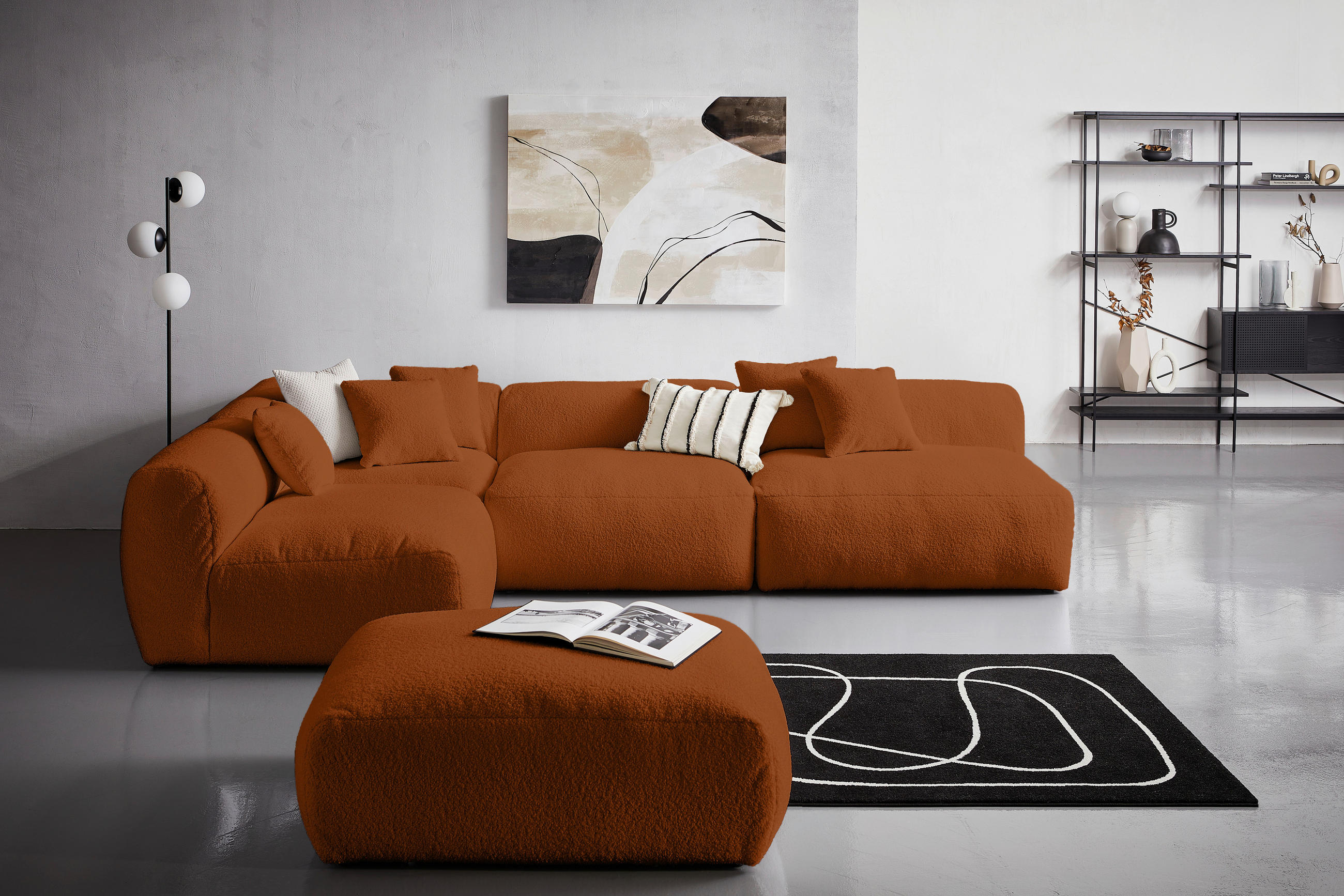 ECKSOFA inkl. Hocker in Flachgewebe, Teddystoff Rostfarben  - Rostfarben, Trend, Textil (235/315cm) - Livetastic