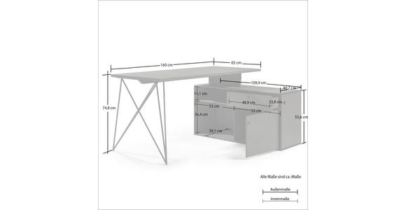ECKSCHREIBTISCH 160/115/75 cm in Anthrazit, Schwarz - Anthrazit/Schwarz, Design, Holzwerkstoff/Metall (160/115/75cm) - Novel