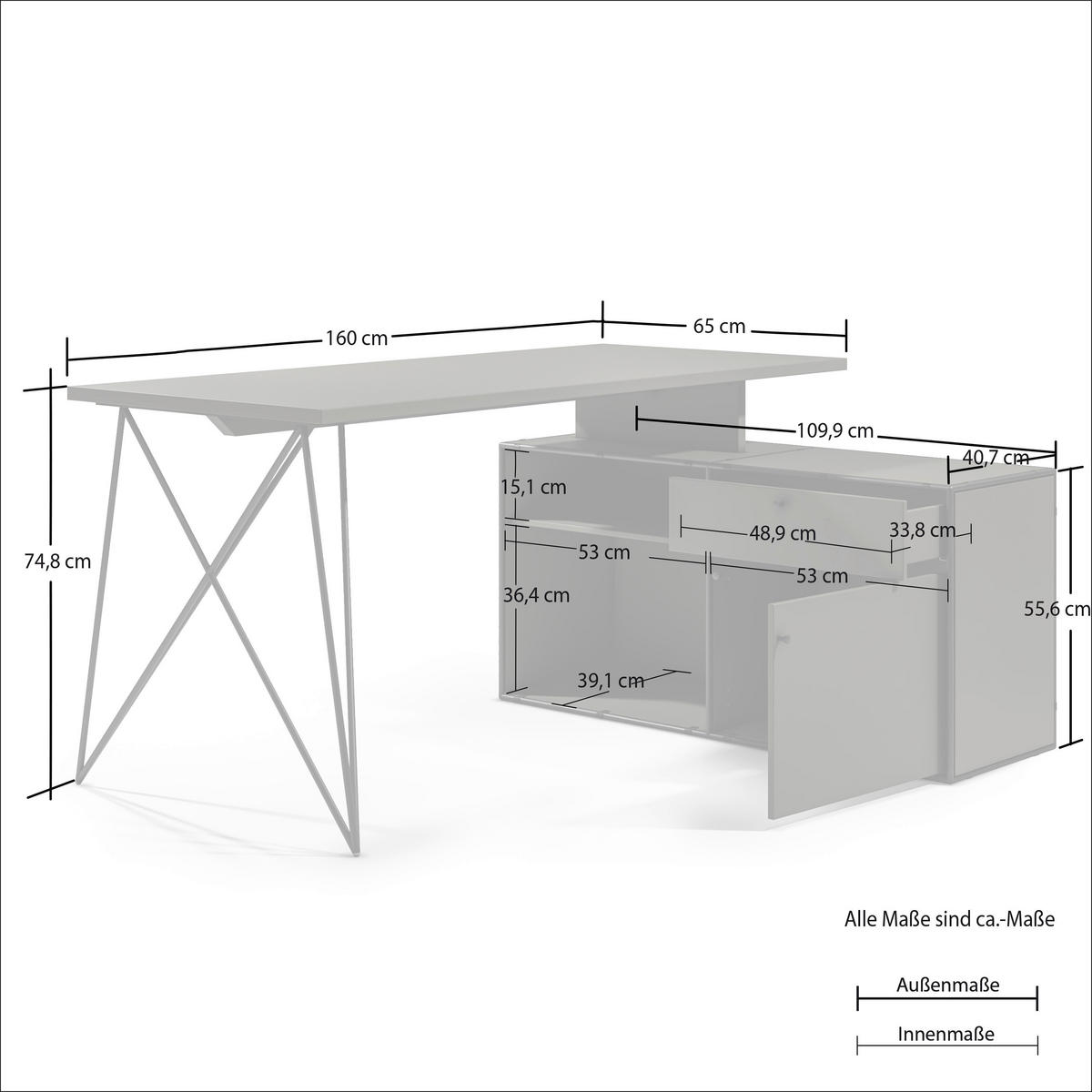 ECKSCHREIBTISCH 160/115/75 cm  in Anthrazit, Schwarz  - Anthrazit/Schwarz, Design, Holzwerkstoff/Metall (160/115/75cm) - Novel