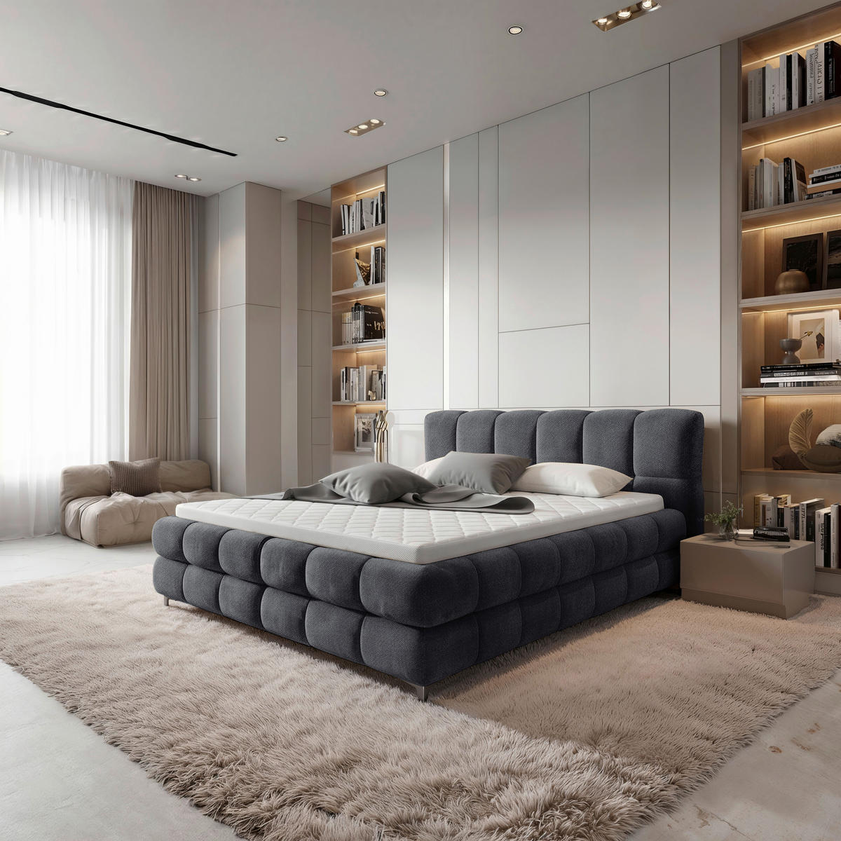 BOXBETT 180/200 cm,  in Anthrazit, gepolstertes Kopfteil, Bettkasten, Topper, H3 + H3 = fest  - Anthrazit/Schwarz, Design, Textil/Metall (180/200cm) - Ti'me
