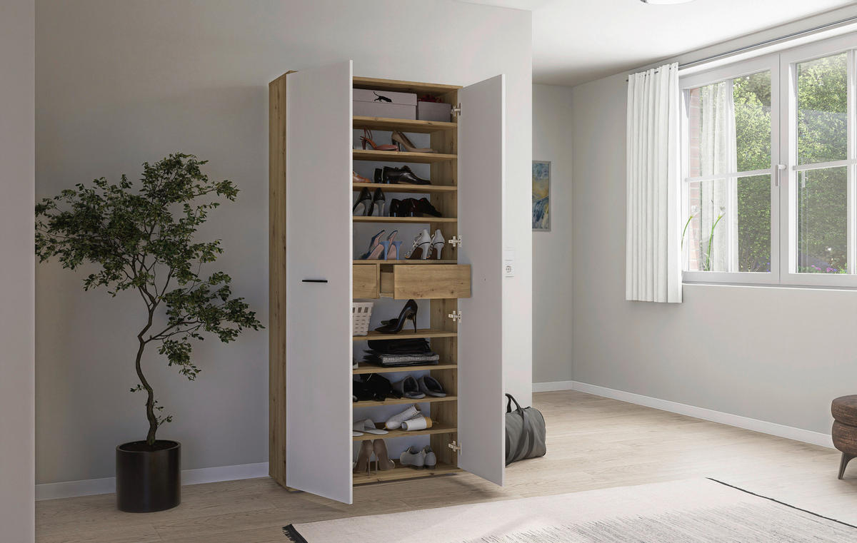 SCHUHSCHRANK Weiß, Eiche Artisan  - Silberfarben/Schwarz, Basics, Holzwerkstoff/Kunststoff (90/195/35cm) - Xora