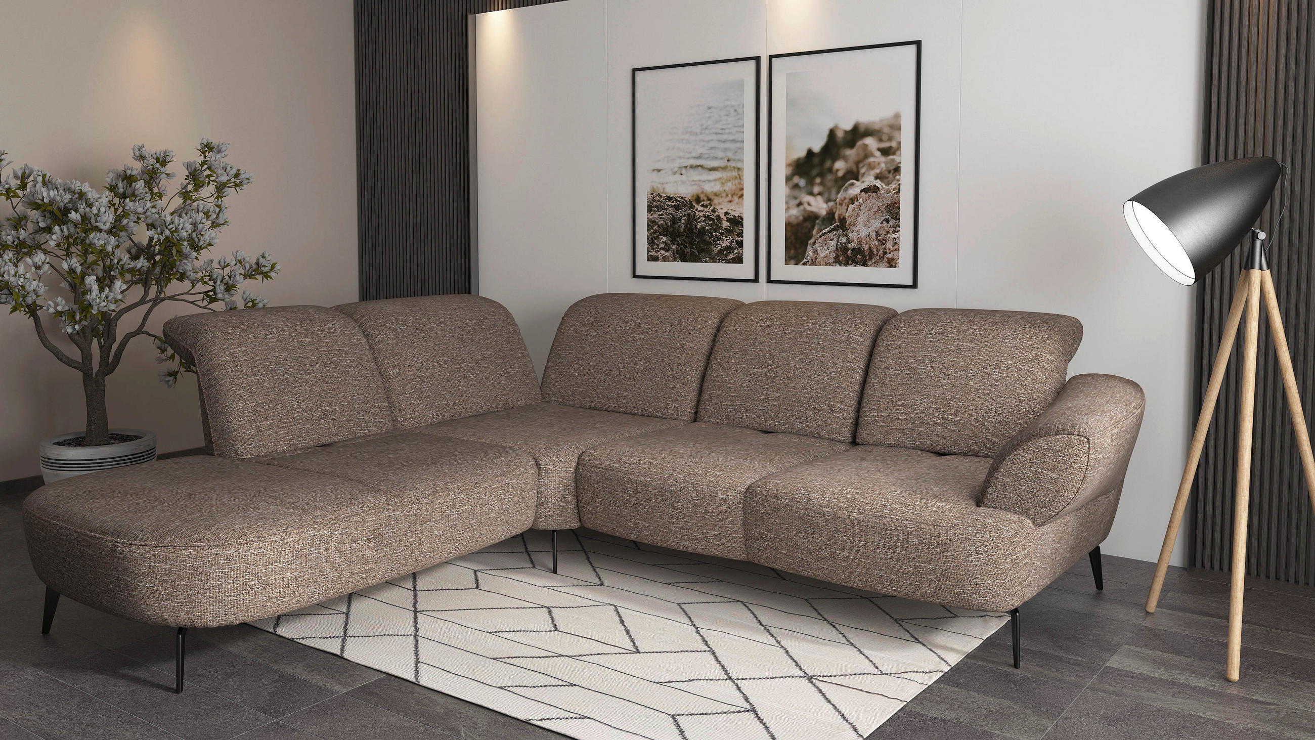 ECKSOFA in Chenille Cappuccino  - Schwarz/Cappuccino, Modern, Textil/Metall (270/302cm) - Sit & More