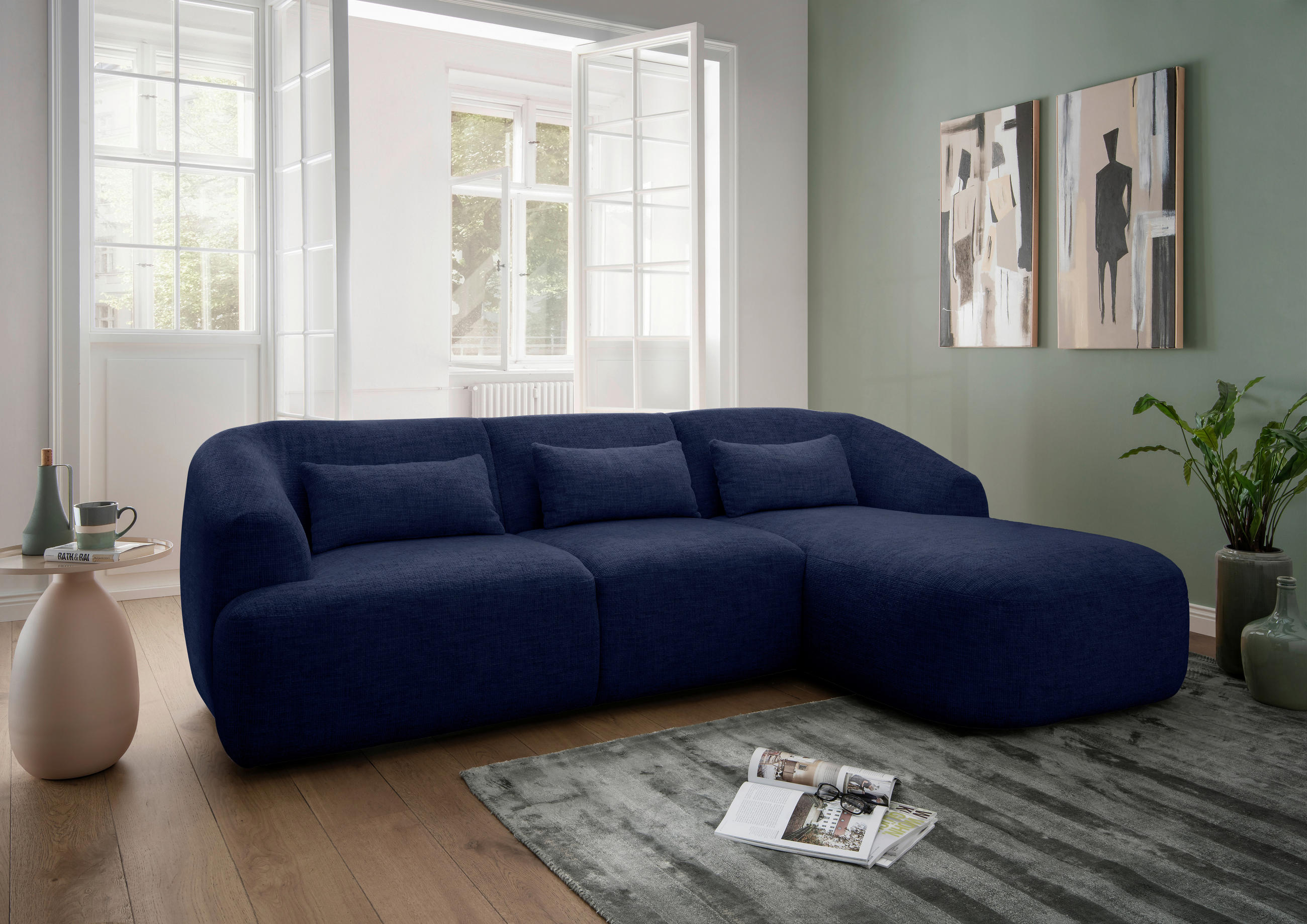 ECKSOFA in Struktur Dunkelblau  - Schwarz/Dunkelblau, Modern, Kunststoff/Textil (256/160cm) - Livetastic