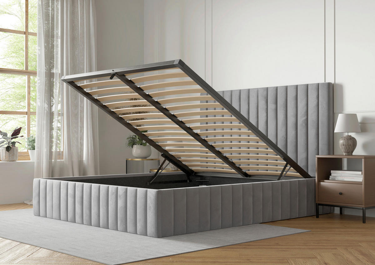 POLSTERBETT Bettkasten, Lattenrost 180/200 cm  in Hellgrau  - Hellgrau/Schwarz, Design, Holz/Textil (180/200cm) - Boxxx