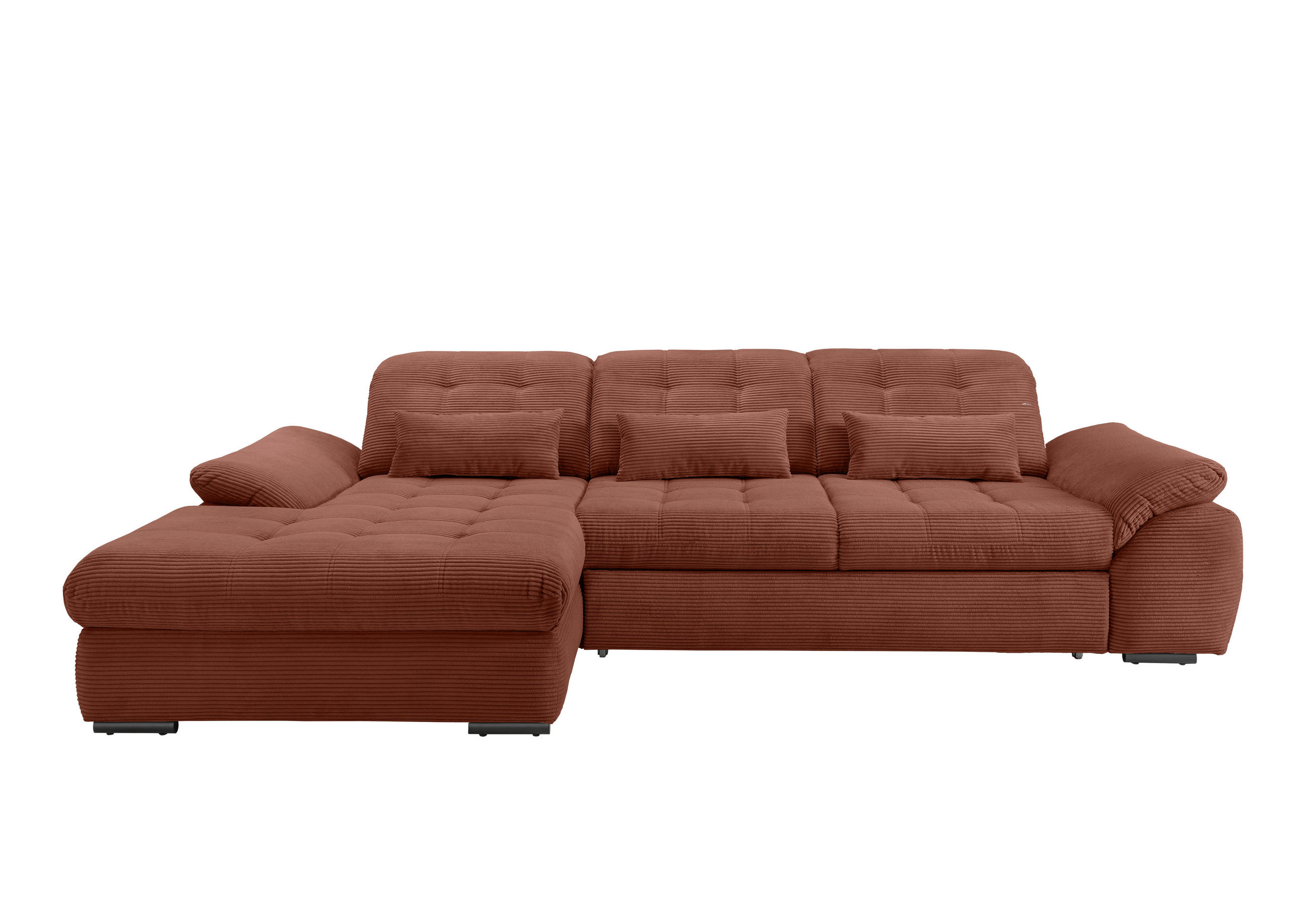 ECKSOFA Koralle Cord Nierenkissen, Bettkasten, Schlaffunktion, Rücken echt, Kopfteilverstellung, Sitztiefenverstellung, Liegefläche im Originalstoff  - Koralle/Schwarz, MODERN, Textil/Metall (184/314cm) - P & B