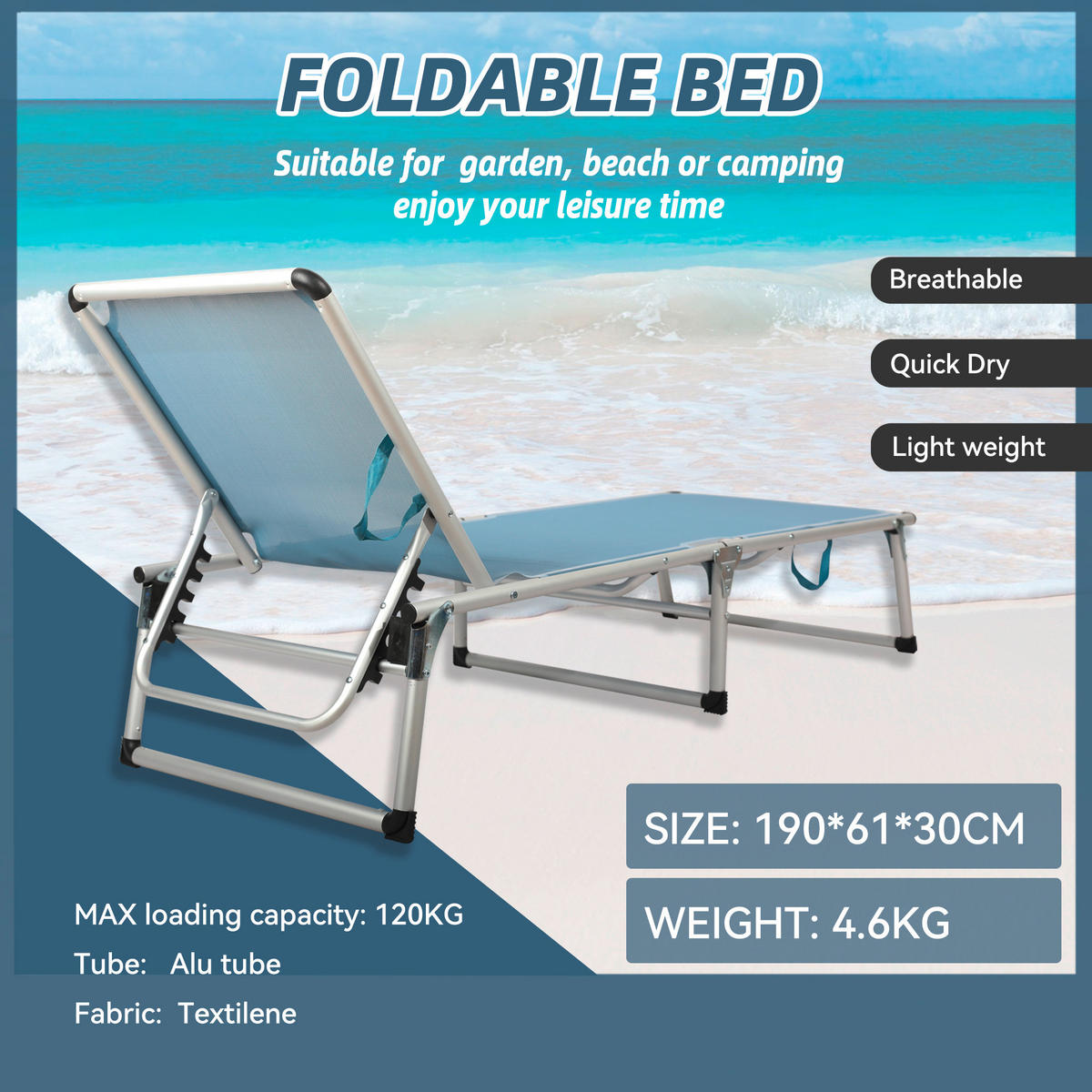 GARTENLIEGE 61/30/190 cm  - Silberfarben/Hellblau, Basics, Textil/Metall (61/30/190cm) - Modante