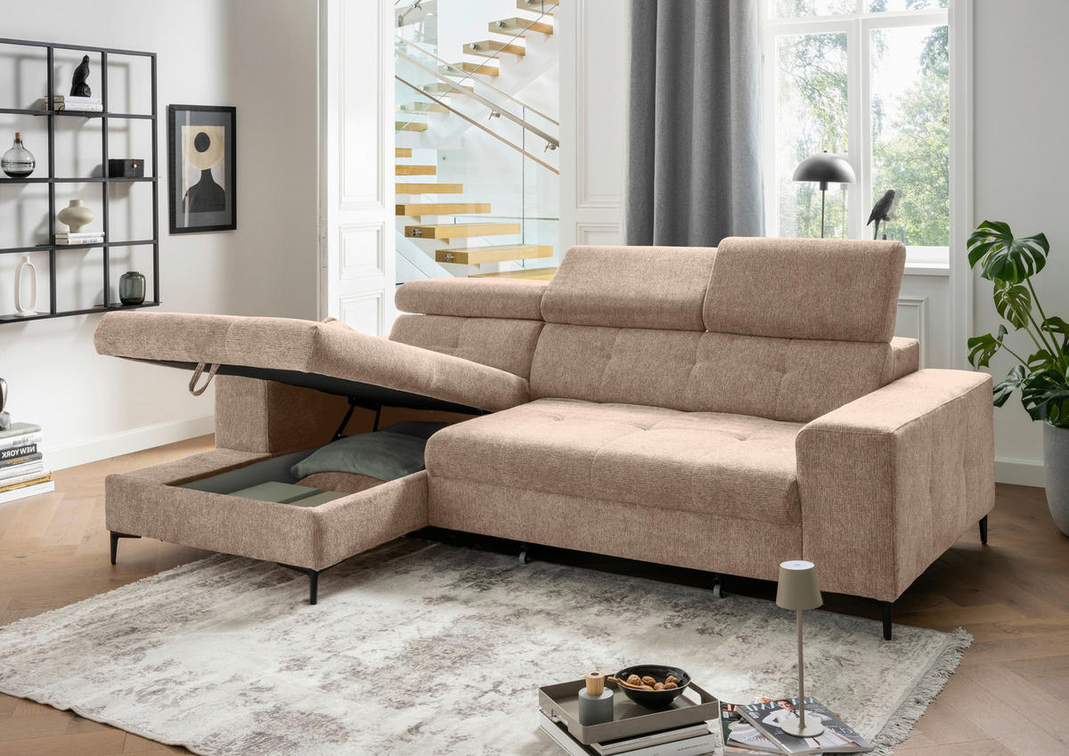 ECKSOFA Chenille Hellbraun  - Hellbraun/Schwarz, Basics, Textil/Metall (186/270cm) - Livetastic