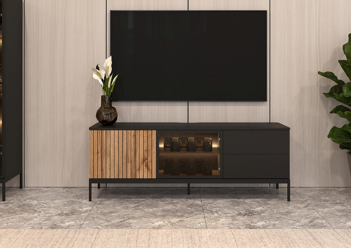 TV-BÄNK  153,6/56/38 cm 2 låda(or) modellutbud, möbler i samma serie finns att köpa till, stort utbud av tillbehör finns, stående, finns i olika storlekar, finns i olika trädekorer  - ek Wotan/svart, Klassisk, trämaterial/glas (153,6/56/38cm) - Xora