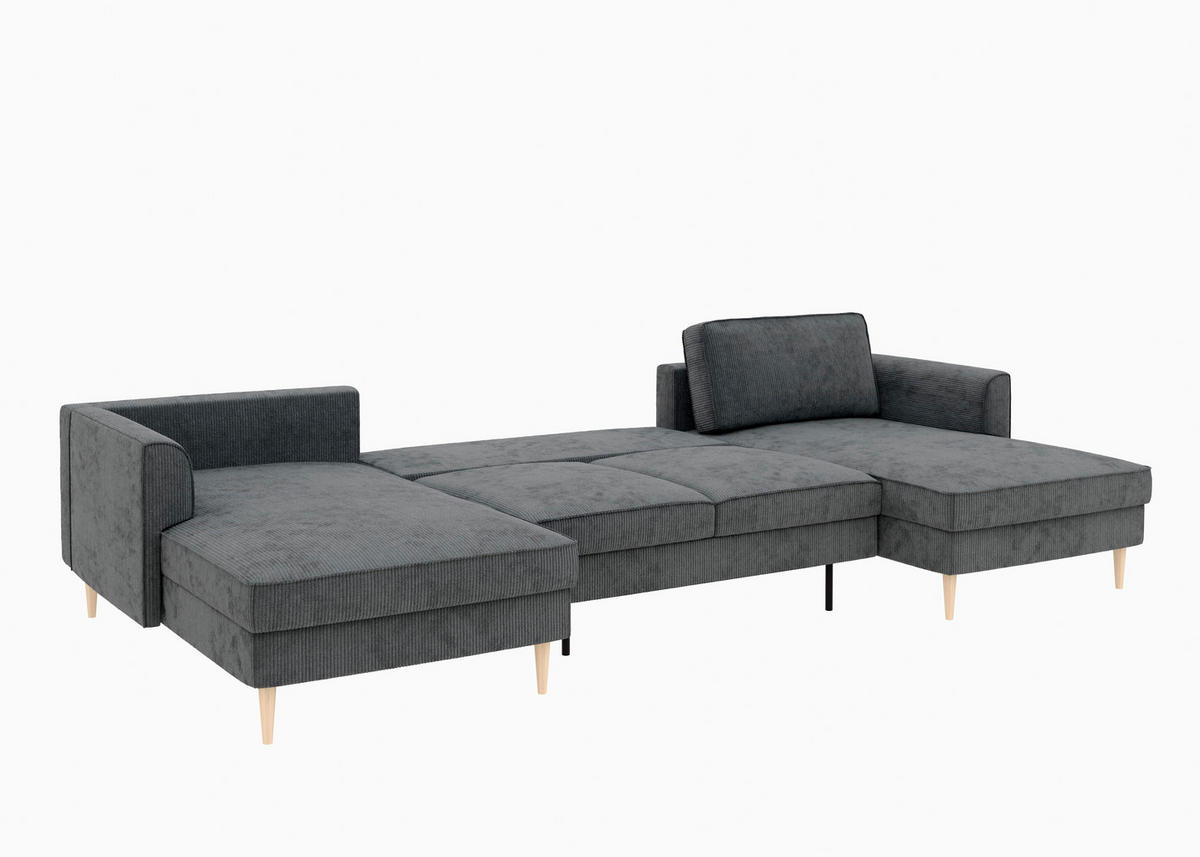 WOHNLANDSCHAFT Dunkelgrau Cord  - Dunkelgrau/Buchefarben, MODERN, Holz/Textil (161/306/161cm) - Trendmanufaktur