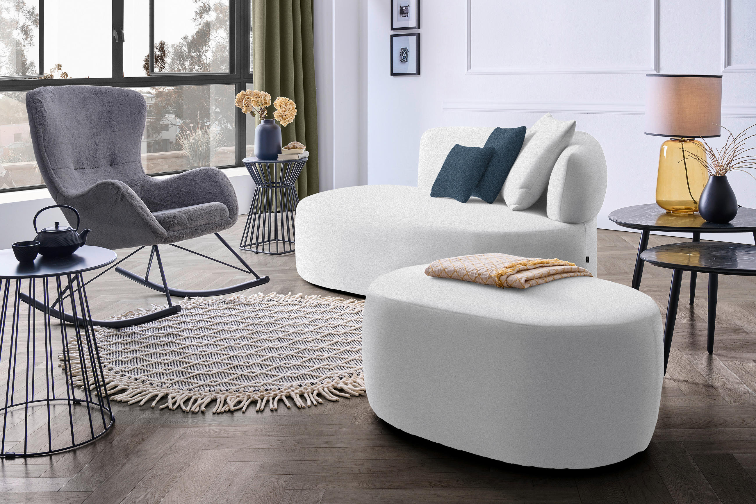 RÉCAMIERE in Plüsch Hellgrau, Dunkelblau  - Hellgrau/Schwarz, MODERN, Kunststoff/Textil (166/86/105cm) - Hom`in