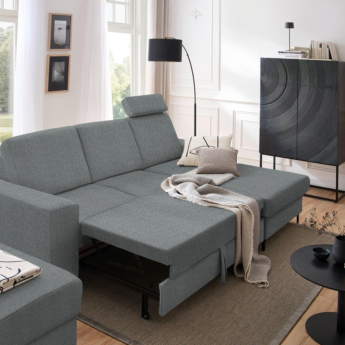 ECKSOFA in Webstoff Dunkelgrau  - Dunkelgrau/Schwarz, Konventionell, Textil/Metall (247/167cm) - Stylife
