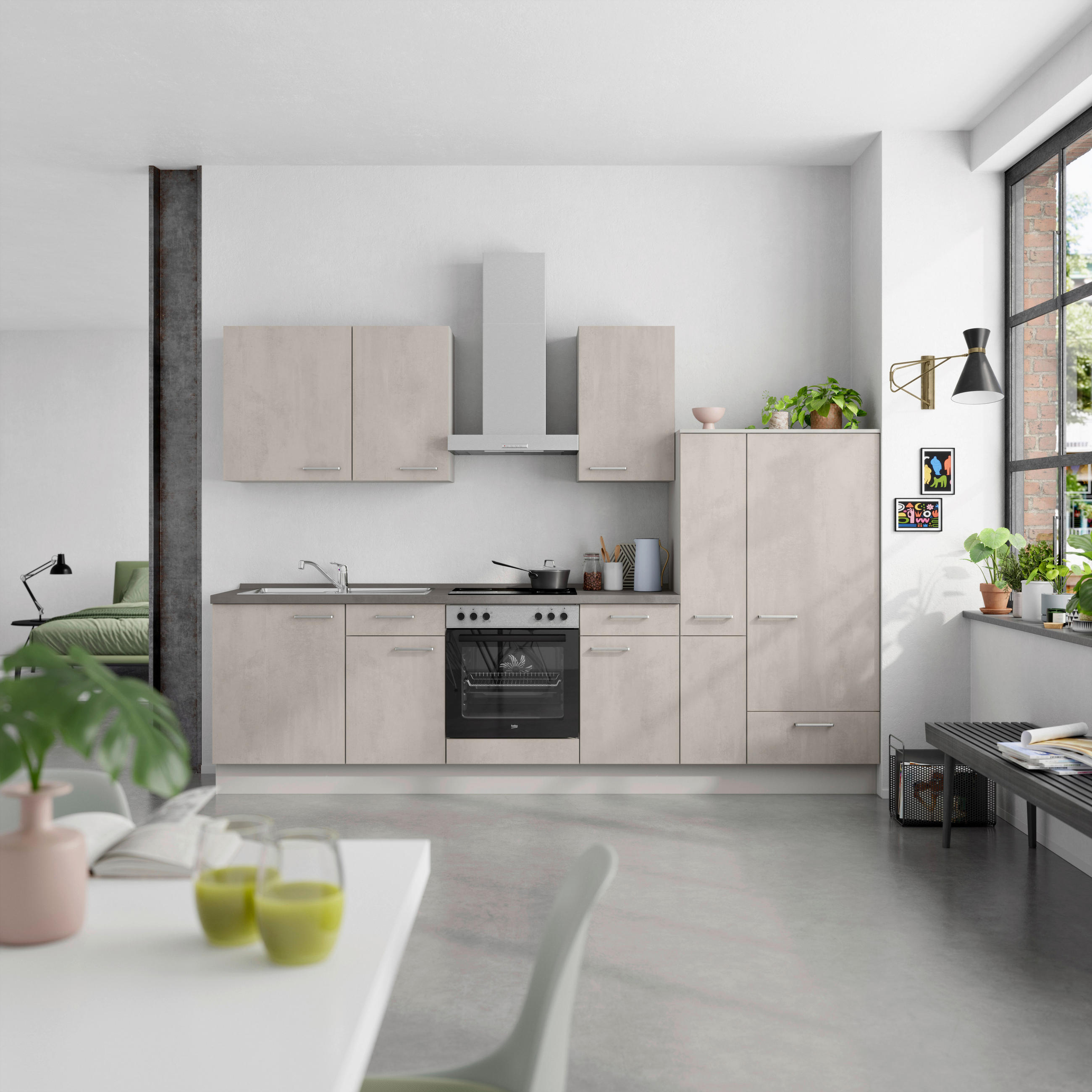 KÜCHENBLOCK Riva 300 cm  in Grau, Schieferfarben  - Schieferfarben/Edelstahlfarben, MODERN, Holzwerkstoff/Metall (300cm) - Nobilia