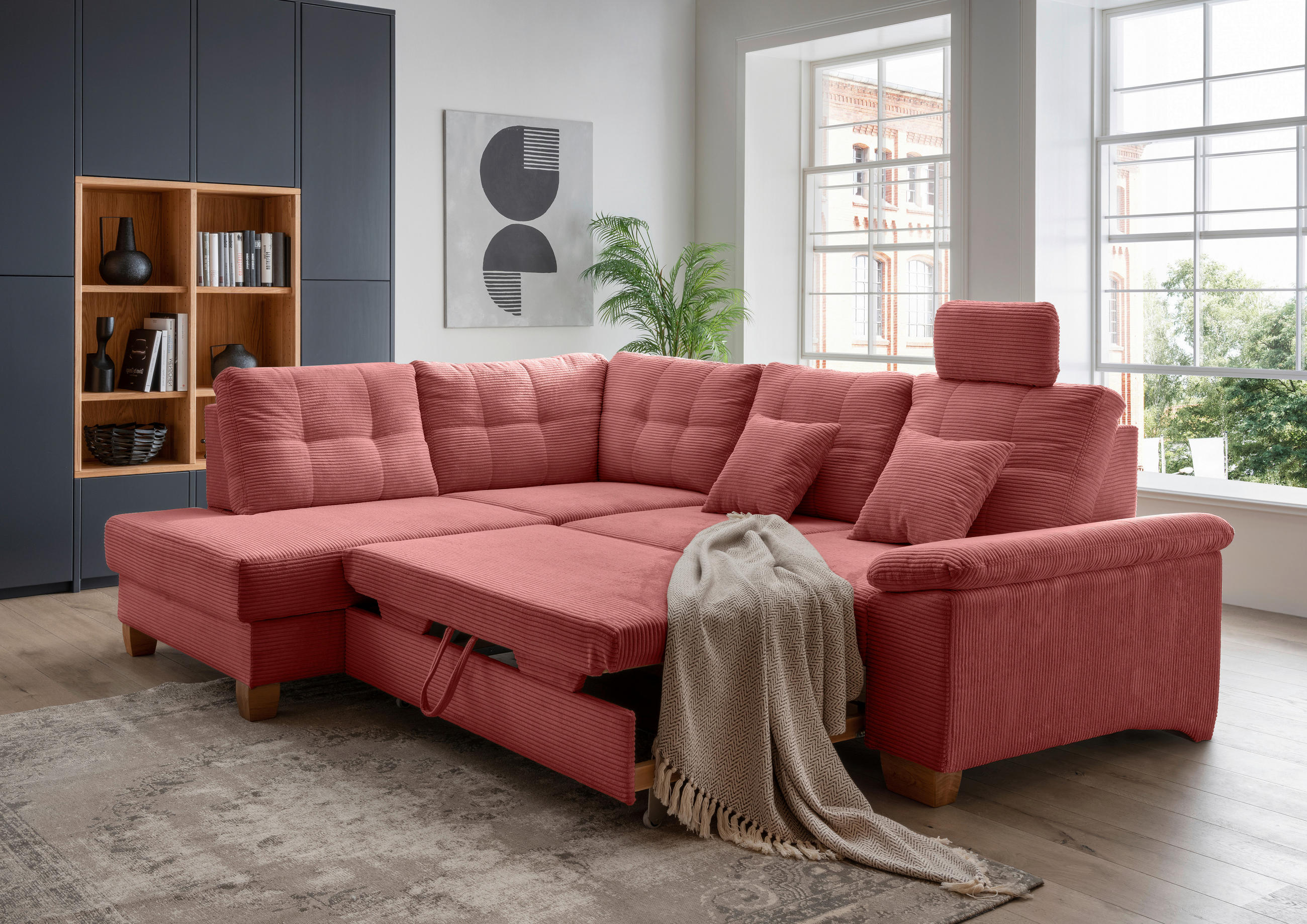 ECKSOFA in Cord Koralle  - Koralle/Naturfarben, Modern, Holz/Textil (206/274cm) - Livetastic