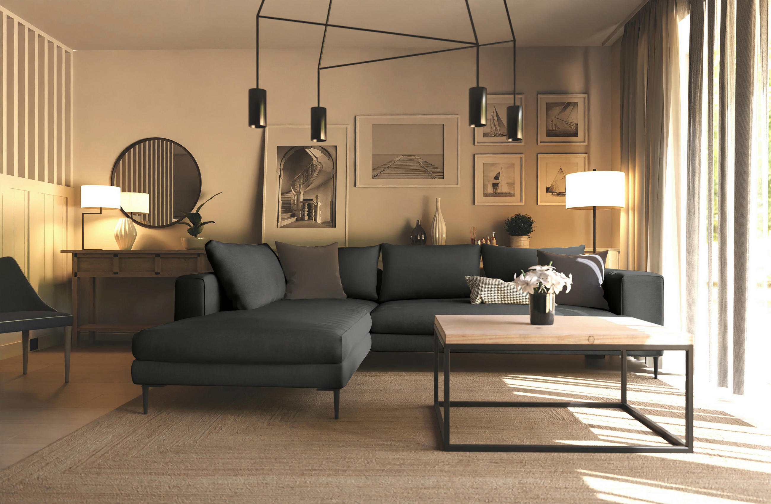 ECKSOFA in Struktur Graphitfarben - Schwarz/Graphitfarben, Modern, Textil/Metall (210/295cm) - Trendmanufaktur