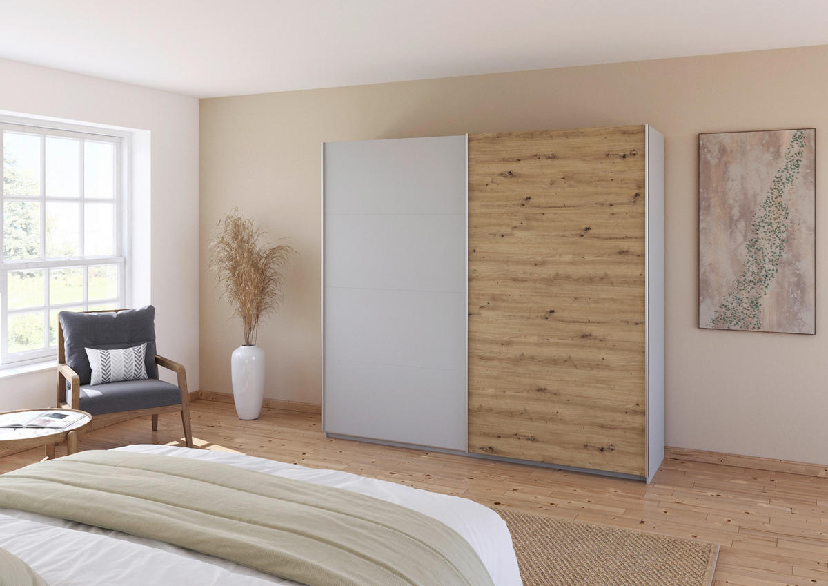 SCHWEBETÜRENSCHRANK  in Eiche Artisan, Seidengrau  - Seidengrau/Alufarben, KONVENTIONELL, Holzwerkstoff/Metall (225/210/62cm) - Xora
