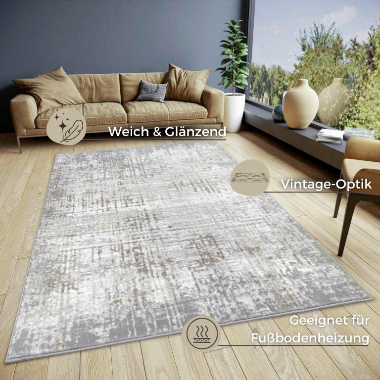 VINTAGE-TEPPICH 67/120 cm Shine Creme, Grau  - Creme/Grau, Design, Kunststoff (67/120cm)