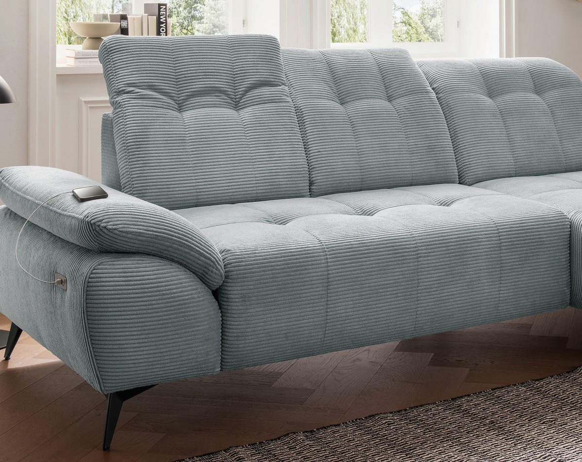 ECKSOFA FIORE in Cord Hellblau Kopfteilverstellung, Sitzvorzug  280/180 cm  - Schwarz/Hellblau, MODERN, Textil/Metall (280/180cm) - Livetastic