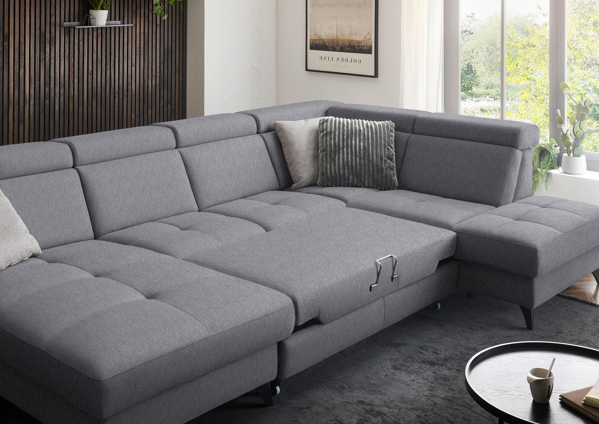 WOHNLANDSCHAFT Flachgewebe Grau  - Schwarz/Grau, Konventionell, Textil/Metall (174/333/215cm) - Beldomo System