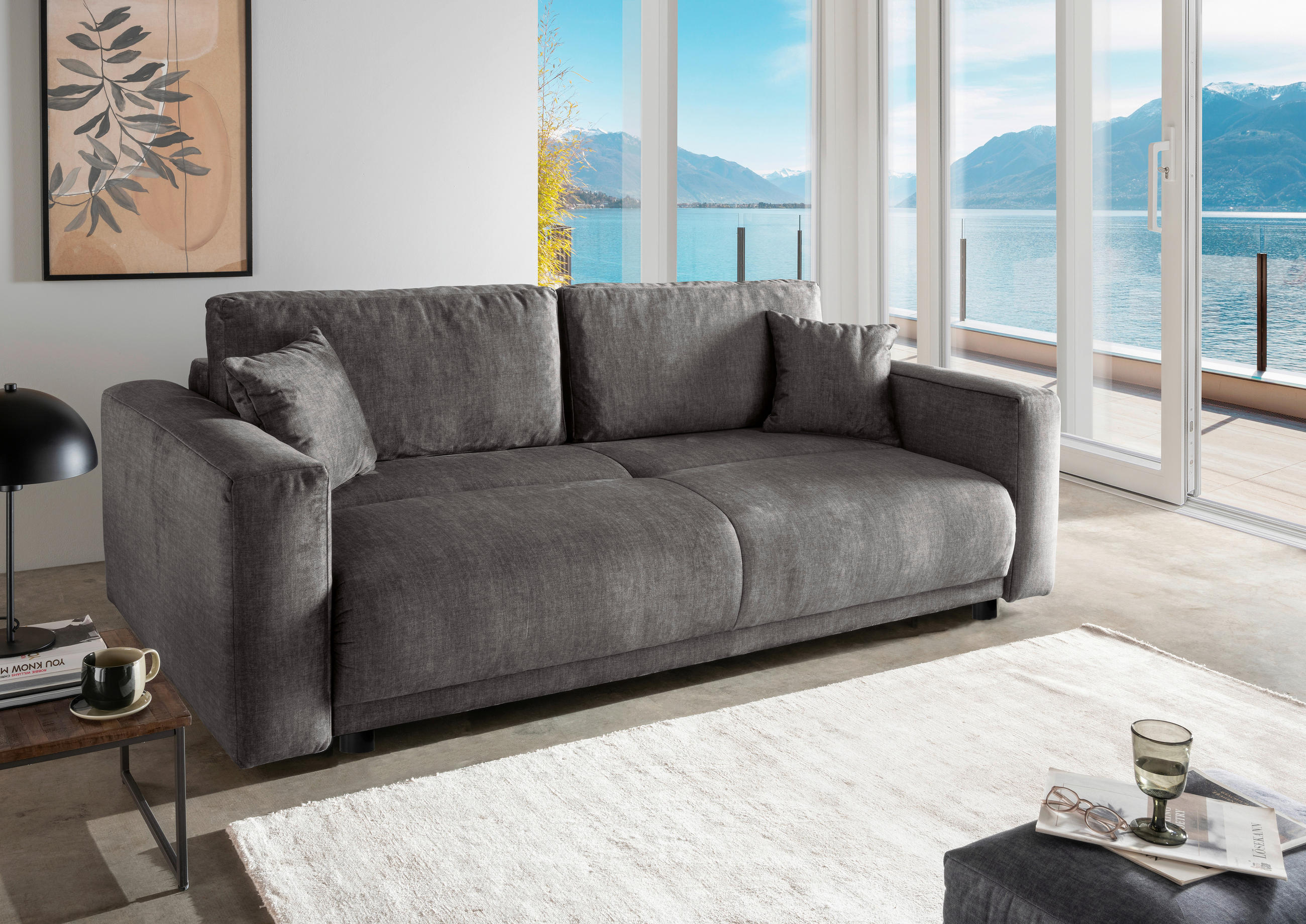 SCHLAFSOFA  mit Liegefunktion, Rücken echt Velours Grau  - Schwarz/Grau, MODERN, Kunststoff/Textil (245/86/126cm) - Livetastic