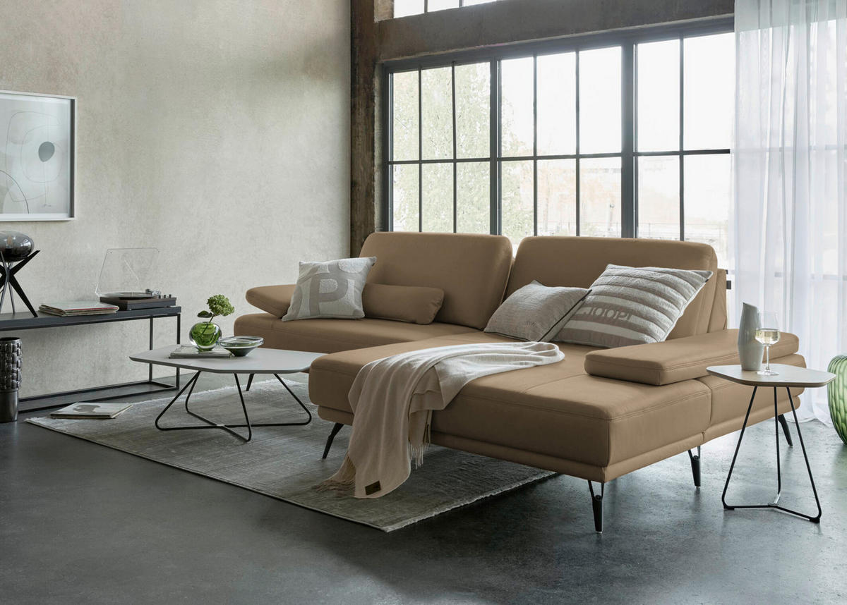 ECKSOFA Echtleder Khaki  - Khaki/Schwarz, Konventionell, Leder/Metall (301/180cm) - Joop!
