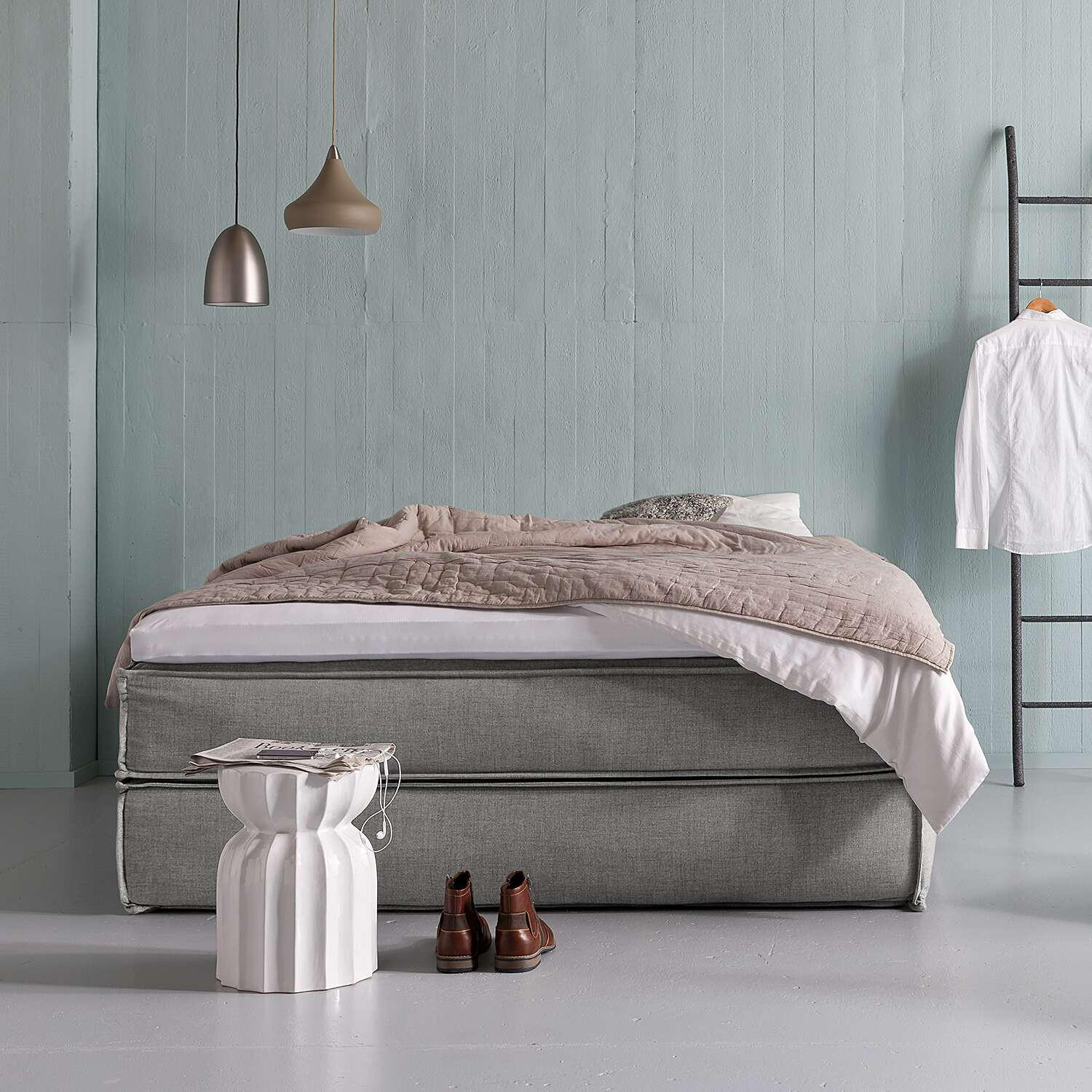 Thumbnail - home24 Boxspringbett, Hellgrau, Textil, H3, 7-Zonen, Höhe ca. 24 cm, 160x220 cm, Topper durchgehend, Partnermatratze mit...