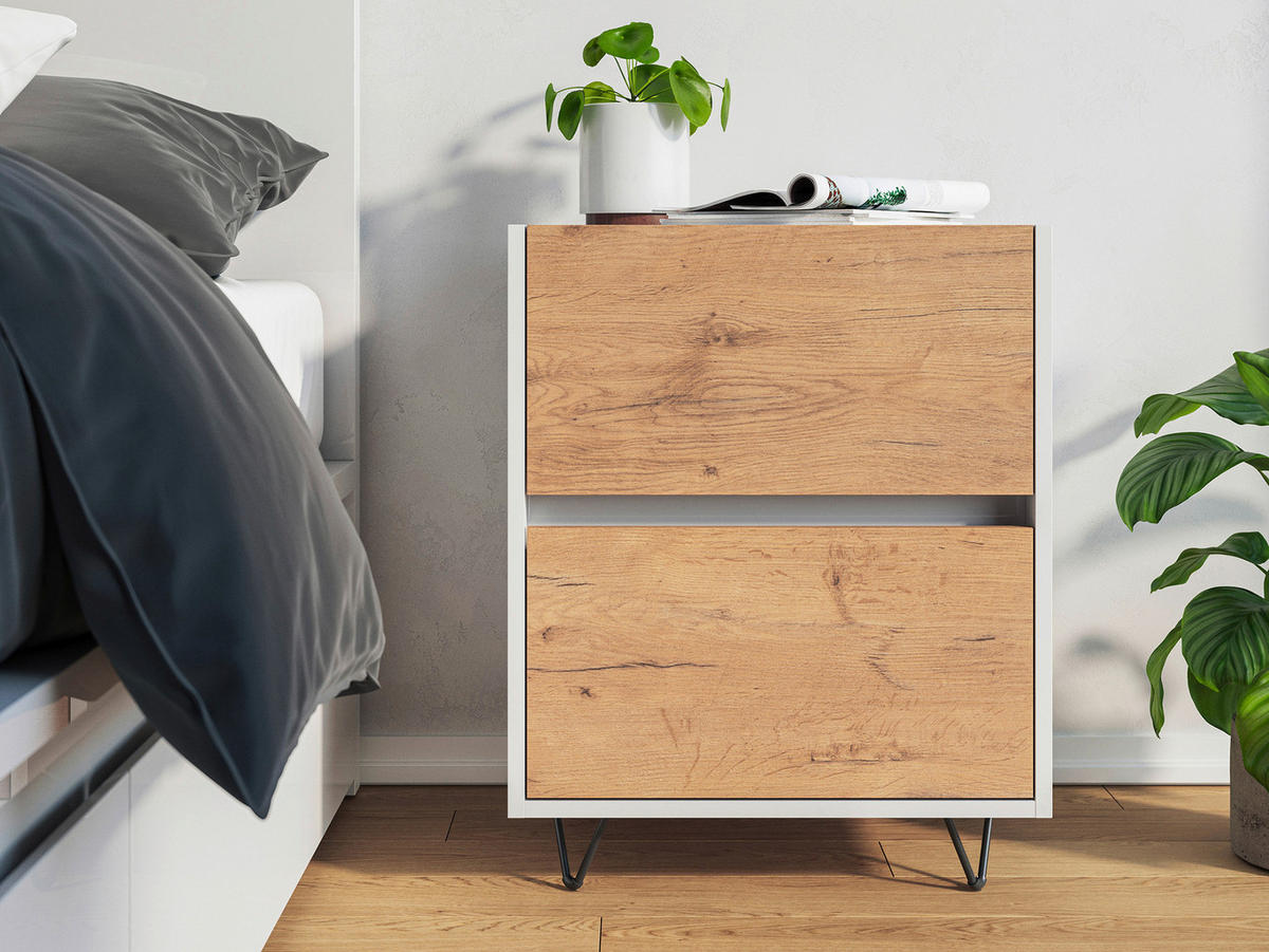 NACHTTISCH 51,2/65/42 cm  in Weiß, Eichefarben  - Eichefarben/Schwarz, Basics, Holzwerkstoff/Metall (51,2/65/42cm) - MID.YOU