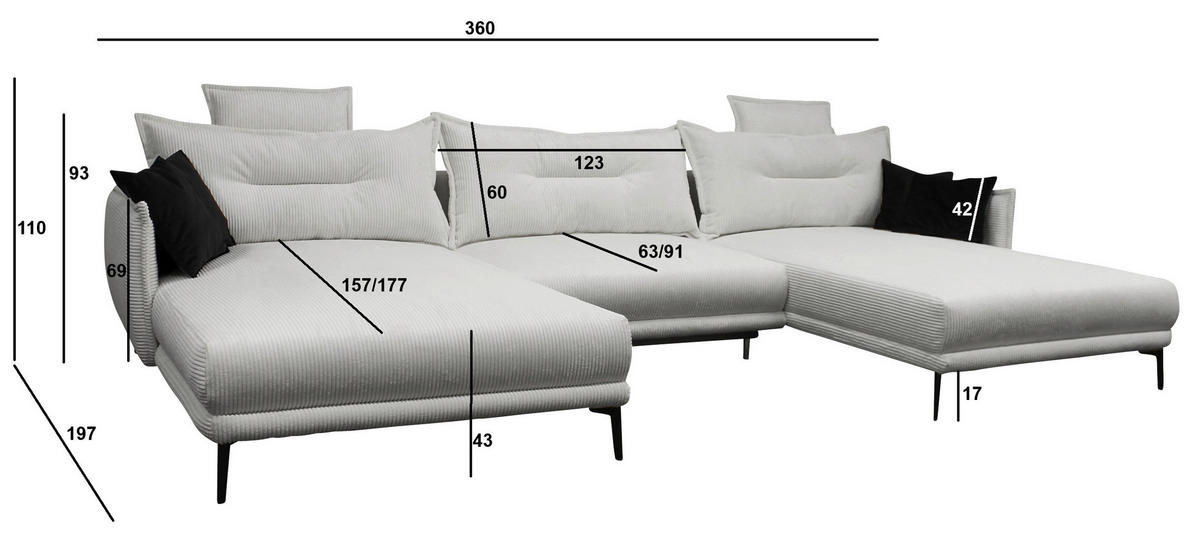 WOHNLANDSCHAFT NUOVO U Grau Cord  - Schwarz/Grau, Design, Textil/Metall (194/360/194cm) - MID.YOU