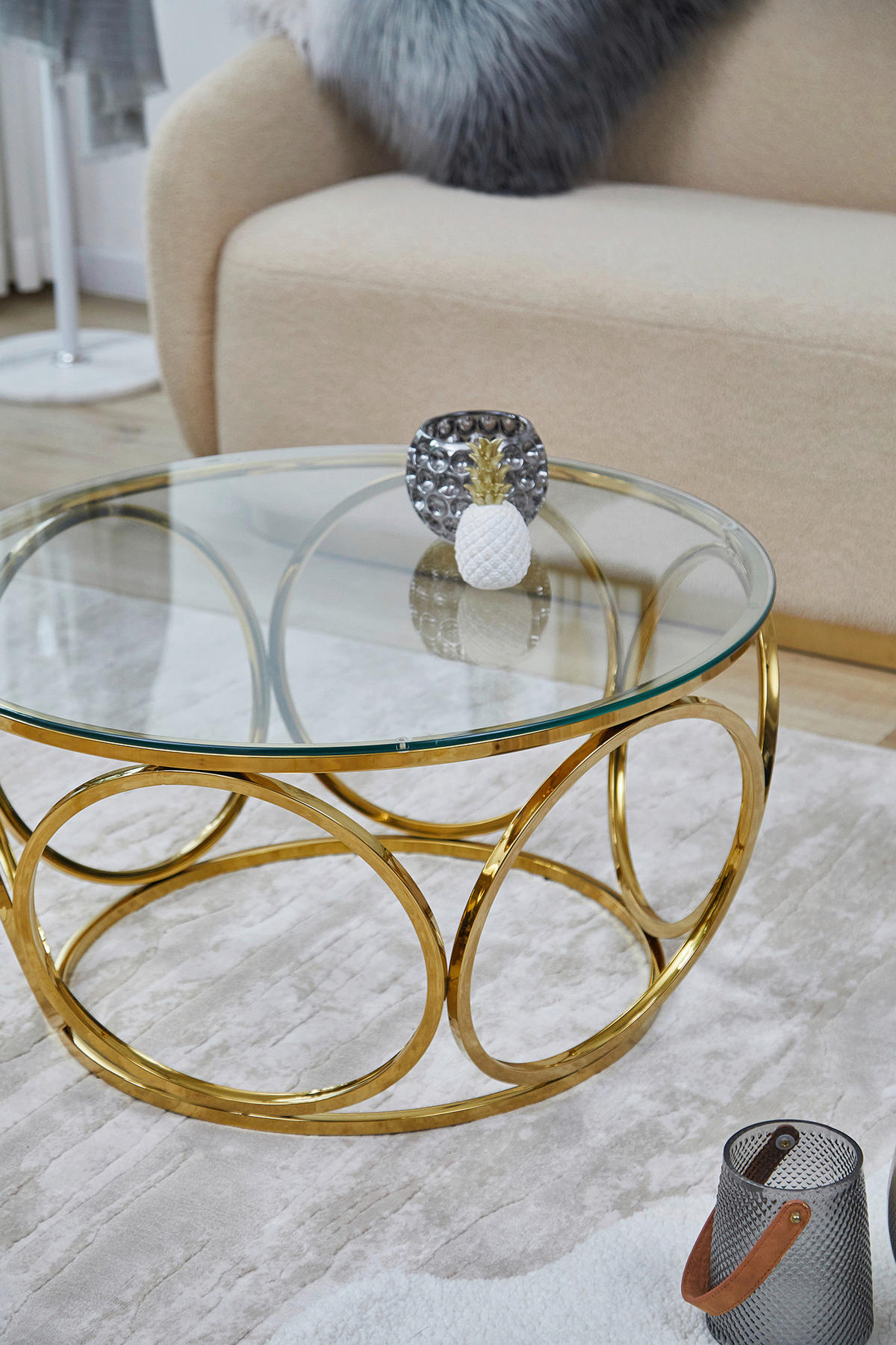 COUCHTISCH Sicherheitsglas, Klarglas 80/80/40 cm rund Klar, Goldfarben  - Klar/Goldfarben, Design, Glas/Metall (80/80/40cm) - Livetastic