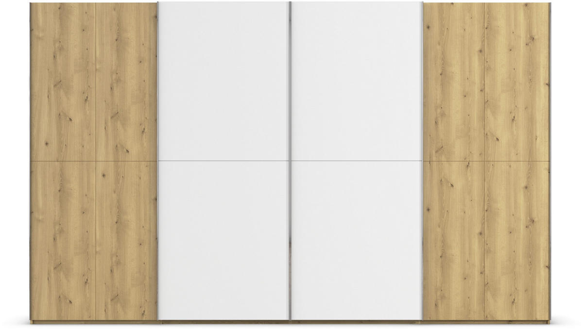 SCHWEBETÜRENSCHRANK 360/223/68 cm 4-türig Weiß, Eichefarben, Chromfarben  - Chromfarben/Eichefarben, Design, Glas/Holz (360/223/68cm) - Novel