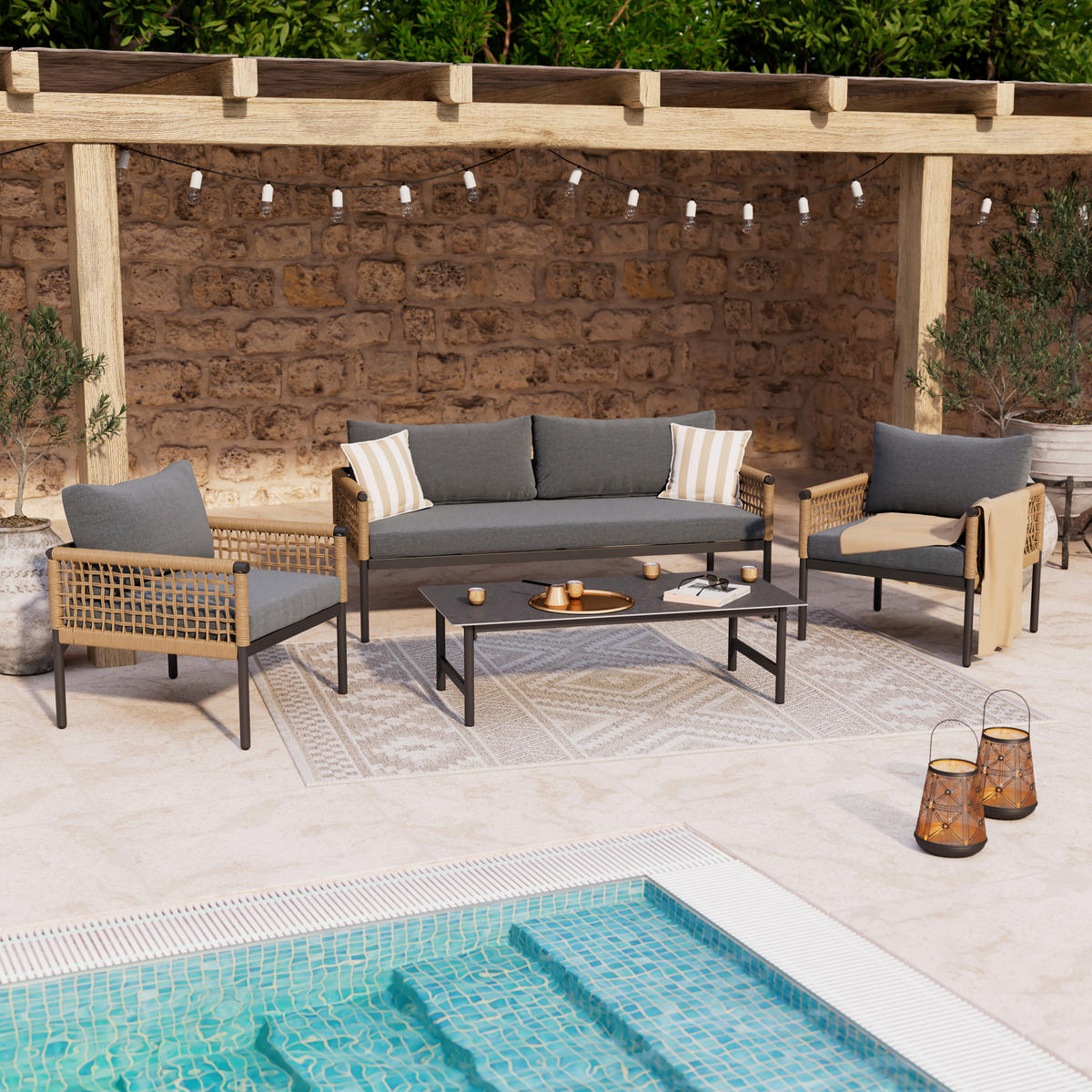 LOUNGEGARNITUR Eisen  - Anthrazit/Naturfarben, MODERN, Kunststoff/Textil (167/67/76cm) - Ambia Garden