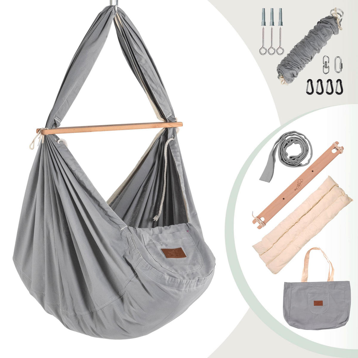 FEDERWIEGE Set inkl. Deckenbefestigung Buche  Grau  - Grau, Basics, Holz/Textil (137/30/147cm) - SCHMUSEWOLKE