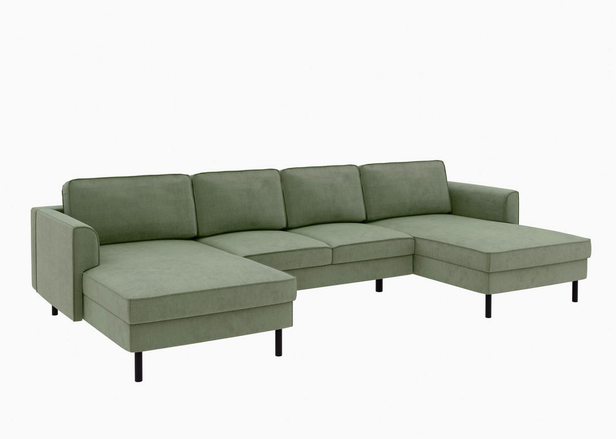 WOHNLANDSCHAFT Grün Cord  - Schwarz/Grün, MODERN, Textil/Metall (161/306/161cm) - Trendmanufaktur